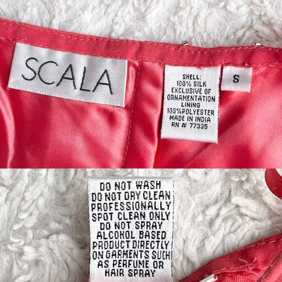 Scala prom dress coral pink 100% silk‎ ruffle hem slip gown beaded sequin formal - Picture 3 of 17